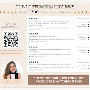 May include: A webpage screenshot showcasing customer reviews, with a section for free digital products and a QR code. The page features a photo of a woman holding a mug, and text that reads "Our Customers Reviews" and "Check out our shop for more products & matching items!"