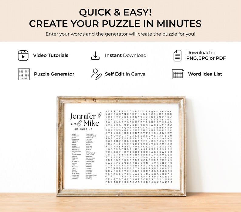 Custom Wedding Word Search Game Sip and Search Wedding Word Search Printable