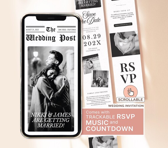 Newspaper Wedding Invitation Newspaper Wedding Invite Digital Newspaper RSVP Wedding Invite Photo RSVP Trackable Invitation Digital Custom