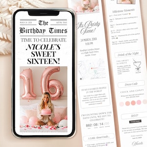 Faire-part d'anniversaire numérique Sweet 16 avec RSVP, invitation électronique d'anniversaire modifiable pour les adolescents Faire-part seizième anniversaire personnalisé numérique