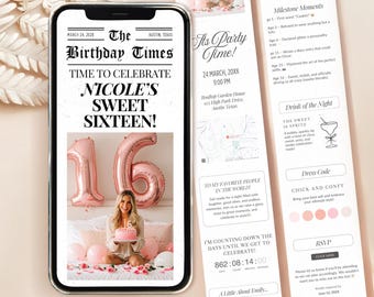 Convite digital para festa de 16 anos com RSVP, convite eletrônico editável para aniversário de adolescentes, anúncio personalizado de 16 anos digital