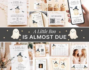 May include: A collection of baby shower stationery featuring a ghost wearing a witch hat, stars, and bats. Items include invitations, menu cards, gift registry signs, cupcake toppers, a memory sign, a due date calendar, and thank you tags.