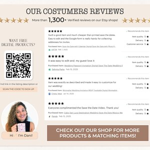 May include: A webpage featuring customer reviews for digital products. The page includes a QR code to sign up for free digital products, and a photo of a woman holding a mug. Text includes customer ratings and product descriptions.