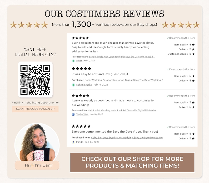 May include: A webpage featuring customer reviews for digital products. The page includes a QR code to sign up for free digital products, and a photo of a woman holding a mug. Text includes customer ratings and product descriptions.