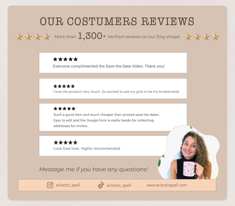K&ouml;nnte beinhalten: Eine beige Grafik mit der &Uuml;berschrift OUR COSTUMERS REVIEWS, die F&uuml;nf-Sterne-Bewertungen und Kundenrezensionen enth&auml;lt. Ein kleiner Ausschnitt zeigt eine Person, die eine wei&szlig;e Tasse mit rotem Muster h&auml;lt. Social-Media-Profile und eine URL sind unten.