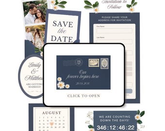 Site Save the Date em azul marinho com confirmação de presença | Anúncio de casamento digital Save the Date em azul | Modelo de site de casamento Save the Date editável no Canva