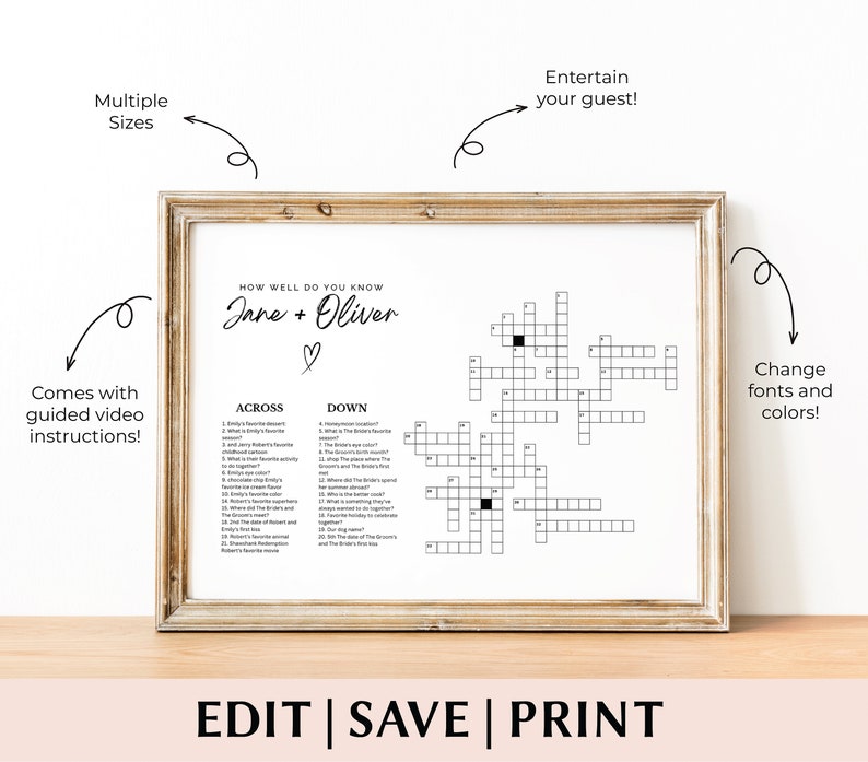 Wedding Crossword Puzzle Wedding Sip and Solve Wedding Decor Etsy
