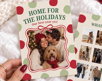 Christmas Card With Picture Template Holiday Card Download Polka Dot Christmas Postcard Personalized Family Photo Card Aesthetic Green Red