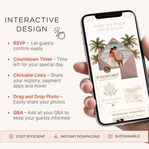 May include: A smartphone displays a wedding invitation with the text "TIME TO PACK YOUR BAGS!". The invitation features a photo of a couple on a beach, palm trees, and the words "PASSPORT WEDDING INVITATION". Additional text includes "RSVP", "Countdown Timer", and "Clickable Links".