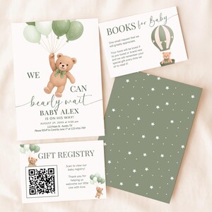 May include: A set of baby shower invitations and cards with a teddy bear theme. The main invitation reads "We can bearly wait BABY ALEX is on his way!" Other cards include a gift registry and a request for books.