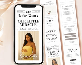 May include: A smartphone displaying a digital baby shower invitation designed like a newspaper titled The Baby Times, featuring a photo of a person in a yellow dress holding their belly, alongside a vertical layout with registry and RSVP details.