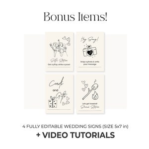 May include: Four black and white printable wedding signs with illustrations and text. The signs are 5x7 inches and include a selfie station, a photo booth, a card and gift station, and a s'mores station.