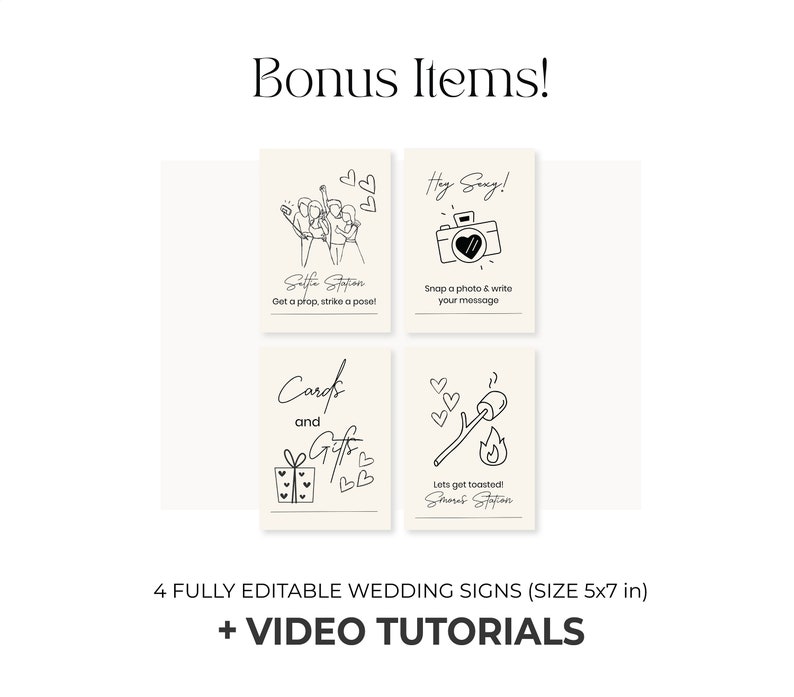 May include: Four black and white printable wedding signs with illustrations and text. The signs are 5x7 inches and include a selfie station, a photo booth, a card and gift station, and a s'mores station.