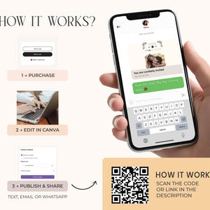 以下が含まれることがあります： 携帯電話を使用してデジタル招待状を作成して共有する方法を段階的に説明したガイドです。手順には、購入、Canvaでの編集、公開が含まれます。詳細については、QRコードをスキャンしてください。