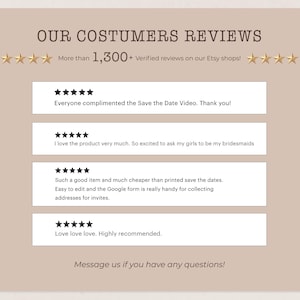 a collection of customer reviews for a product, specifically a Save the Date video. The reviews are positive and praise the product for being very much enjoyed by the girls who have been recommended it to be bridesmaids. The reviews also mention that the product is much cheaper than printed save the dates, and the Google Form is easily accessible for collecting addresses for invitations. The overall sentiment of the reviews is positive, with many stars indicating customer satisfaction.