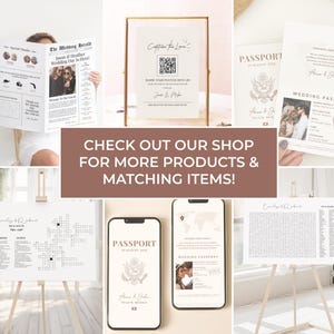 May include: A collection of wedding stationery items, including a newspaper-style announcement, passport-themed invitations, and a sign with a QR code. The items are in neutral tones with elegant fonts and designs.