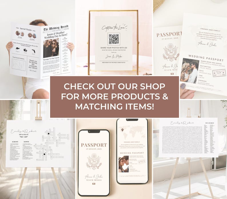 May include: A collection of wedding stationery items, including a newspaper-style announcement, passport-themed invitations, and a sign with a QR code. The items are in neutral tones with elegant fonts and designs.
