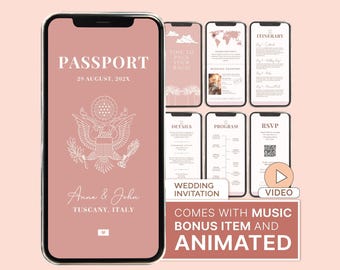 May include: A digital wedding invitation set displayed on a smartphone screen with a dusty rose background. The screen shows a passport-themed design with white text reading PASSPORT, 29 AUGUST, 202X, Anna & John, and TUSCANY, ITALY.