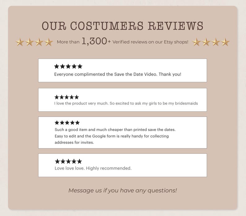 a collection of customer reviews for a product, specifically a Save the Date video. The reviews are positive and praise the product for being very much enjoyed by the girls who have been recommended it to be bridesmaids. The reviews also mention that the product is much cheaper than printed save the dates, and the Google Form is easily accessible for collecting addresses for invitations. The overall sentiment of the reviews is positive, with many stars indicating customer satisfaction.