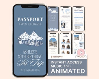 May include: A digital invitation template for a birthday ski trip in Aspen, Colorado, displayed on a smartphone screen. The design features blue backgrounds, mountain illustrations, and text including Ashley's 30th Birthday and Ski Trip.