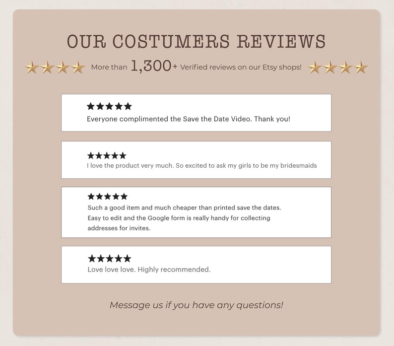 a collection of customer reviews for a product, specifically a Save the Date video. The reviews are positive and praise the product for being very much enjoyed by the girls who have been recommended it to be bridesmaids. The reviews also mention that the product is much cheaper than printed save the dates, and the Google Form is easily accessible for collecting addresses for invitations. The overall sentiment of the reviews is positive, with many stars indicating customer satisfaction.