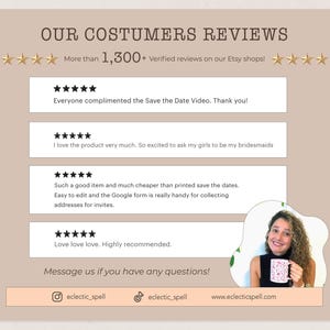 May include: A beige graphic with the text "OUR COSTUMERS REVIEWS" and customer testimonials. The graphic includes star ratings, the phrase "More than 1,300+ Verified reviews on our Etsy shops!", and social media handles.