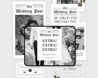 Modelo de site para convite de casamento em formato de jornal | Convite digital de noivado em formato de jornal | Site de casamento impresso em jornal | Anúncio de noivado no Canva | Confirmação de presença