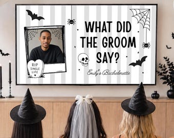 Was sagte der Bräutigam? Vorlage Halloween Bearbeitbare Junggesellinnenabschiedsspielvorlage Bis dass der Tod uns scheidet Party Junggesellinnenabschiedsspiel PowerPoint-Vorlage