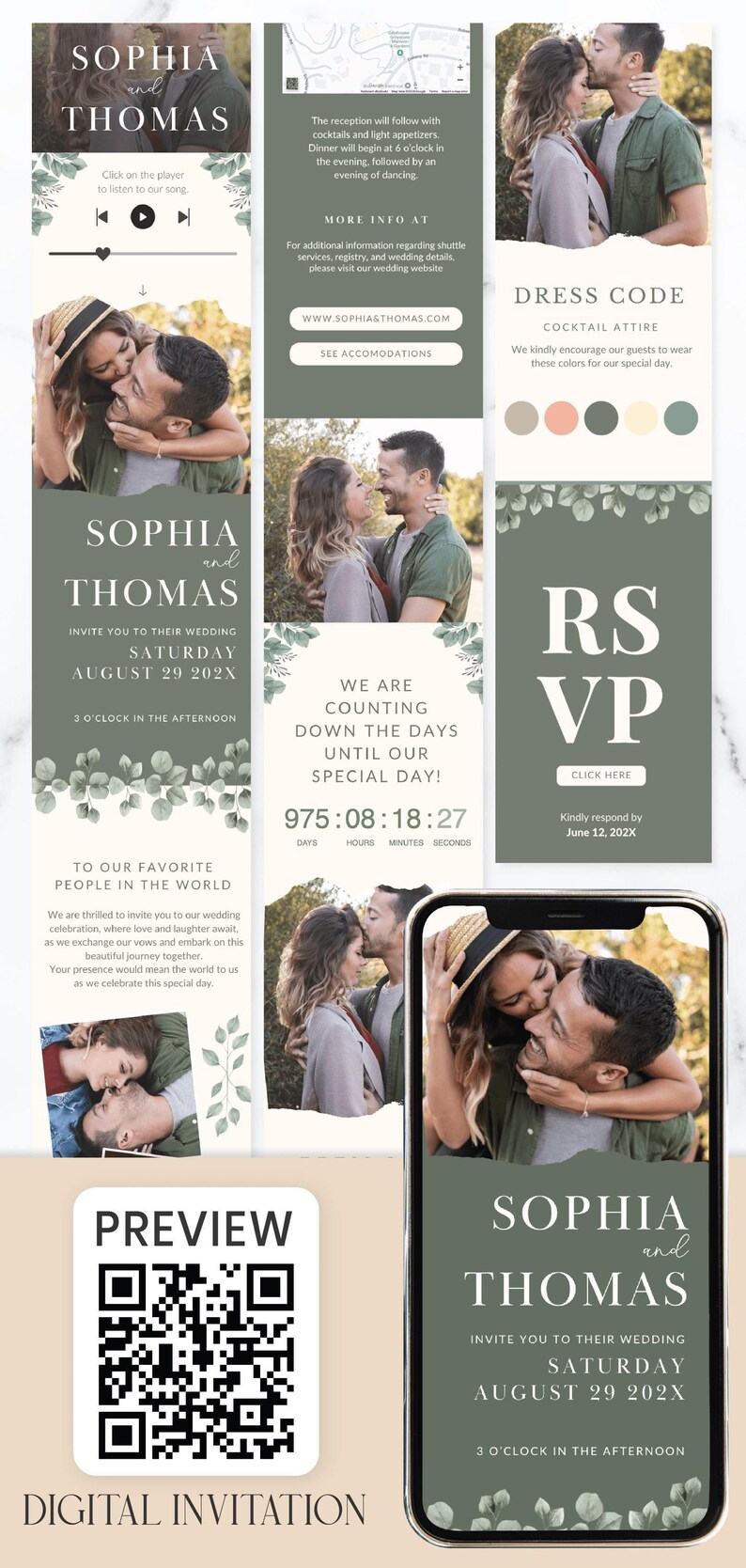 Green Wedding Invitation Electronic Invitation Boho Wedding