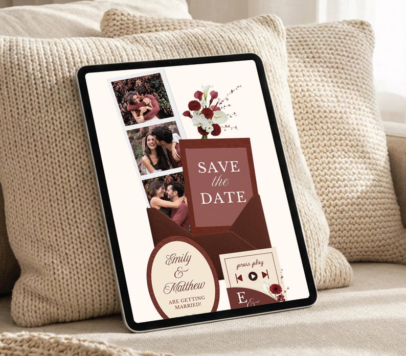 Burgundy Wedding Website Invitation Merlot Floral Save the Date Template