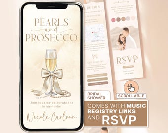 Plantilla de invitación para despedida de soltera PERLAS Y PROSECCO Tema Perlas y Prosecco Invitación para despedida de soltera Perlas Canva Perlas y Prosecco RSVP Invitado