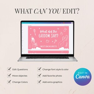 May include: A laptop displays a pink bachelorette party invitation template with the text "What did the Groom Say?" and editable features. The image includes the text "Edit in Canva" and a list of editable options.