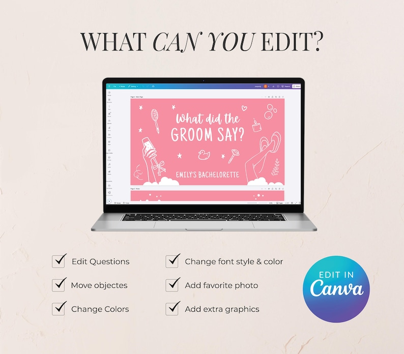 May include: A laptop displays a pink bachelorette party invitation template with the text "What did the Groom Say?" and editable features. The image includes the text "Edit in Canva" and a list of editable options.