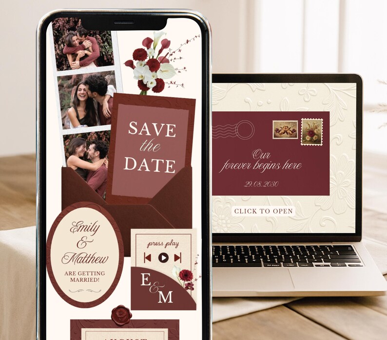 Maroon Digital Save the Date Wedding Elegant Wedding Announcement