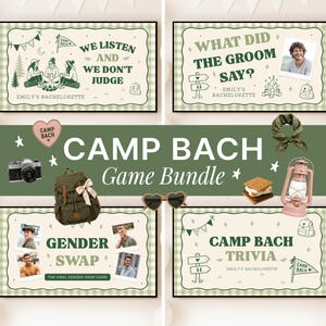 May include: A Camp Bach game bundle featuring four rectangular cards with green gingham borders. Text includes We Listen And We Don't Judge, What Did The Groom Say, Gender Swap, and Camp Bach Trivia, alongside illustrations of trees, a campfire, and a tent.