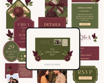 Site de casamento Merlot e Musgo com RSVP, convite de casamento digital verde-oliva e bordô, casamento vintage floral em tons de bordô e verde com tema de amoreira.