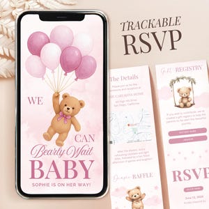 Convite para chá de bebê Bearly Wait, convite rosa para chá de bebê com tema de urso, download digital de convite para chá de bebê rosa Canva