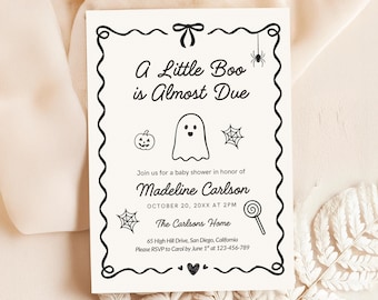 Invitación para baby shower de Halloween de Little Boo Invitación para baby shower de Doodle Invitación para baby shower de Halloween dibujada a mano Un fantasma para baby shower de Little Boo