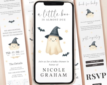 Puede incluir: Un teléfono inteligente muestra una invitación digital para baby shower con el texto a little boo is almost due, con un fantasma en acuarela que lleva un sombrero de bruja negro, murciélagos pequeños y estrellas amarillas.