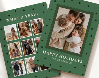 Green Christmas Photo Card Holiday Card Dots Canva Printable Card Couple Christmas Card Traditional Family Greeting Photo Collage Printable