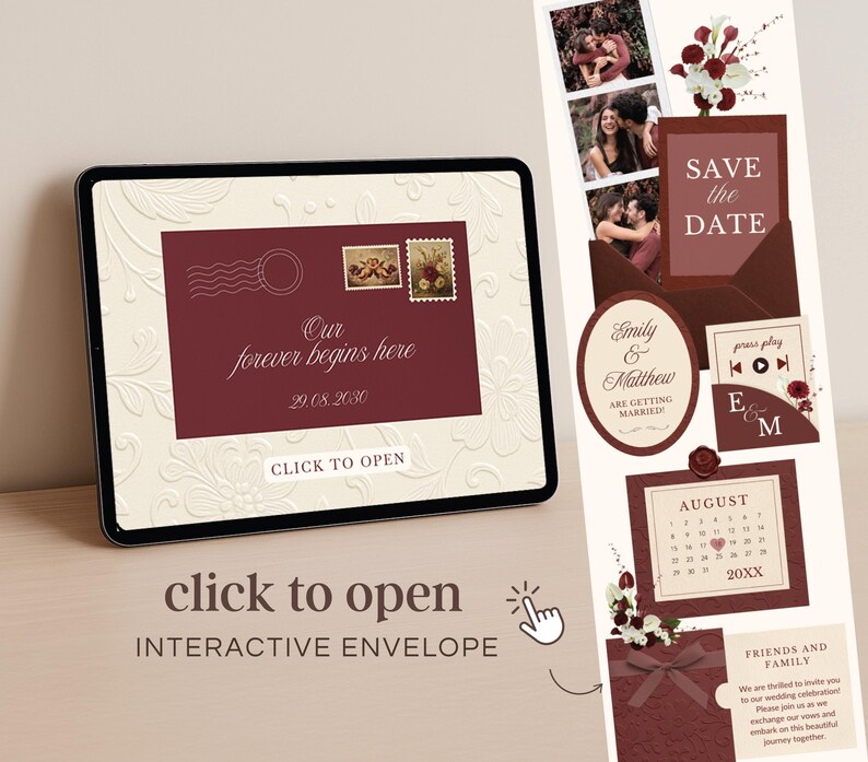 Burgundy Wedding Website Invitation Merlot Floral Save the Date Template