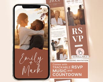 May include: A digital wedding invitation displayed on a smartphone screen featuring a couple, the text Emily + Mark, and a scrollable layout with a countdown, RSVP button, and trackable music features in a terracotta and white color palette.