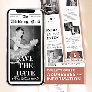Könnte beinhalten: Ein Smartphone zeigt eine digitale Save-the-Date-Einladung im Zeitungsstil mit dem Titel The Wedding Post, die ein schwarz-weißes Foto eines Paares sowie scrollbare Abschnitte mit Veranstaltungsdetails enthält.