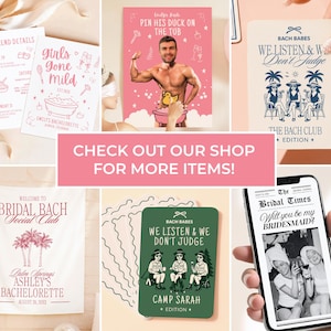 May include: A collection of bachelorette party supplies, including invitations, games, and a banner. The items feature pink and white designs with phrases like "Girls Gone Mild" and "Pin His Duck on the Tub." The image also includes a phone with a "Bridesmaid?" graphic.