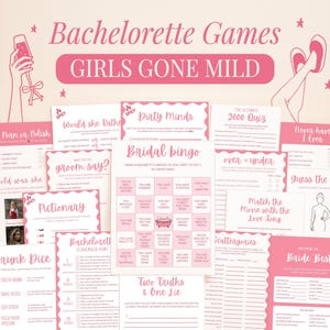 May include: A collection of bachelorette party game cards in pink and white. Titles include Bridal Bingo, Drunk Dice, Pictionary, and Dirty Minds. The cards feature various prompts, checklists, and grids for party activities, all presented in a consistent pink colour scheme with decorative illustrations of a champagne glass and slippers.