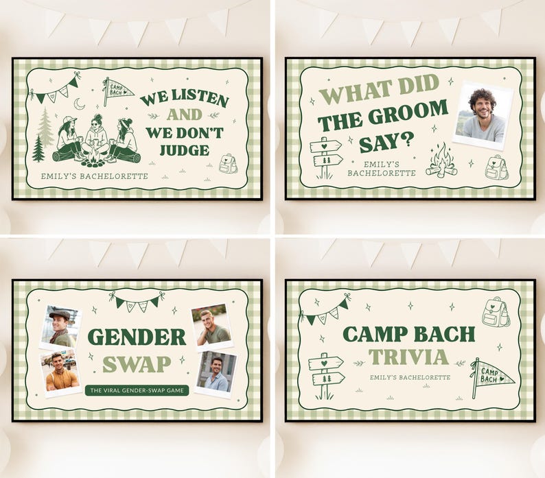 K&ouml;nnte beinhalten: Vier rechteckige Spielkarten mit cremefarbenem Hintergrund und gr&uuml;nem Vichy-Karo-Rand. Die Karten zeigen dunkelgr&uuml;nen Text und Illustrationen, darunter Camping-Symbole, Fotos eines Mannes sowie die Phrasen We Listen And We Don't Judge, What Did The Groom Say, Gender Swap und Camp Bach Trivia.