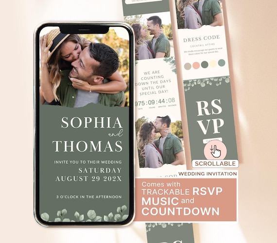 Sage Green Wedding Invitation Digital Invitation Suite Wedding Sage Green and White Invitation Trackable RSVP Wedding Invitation Template