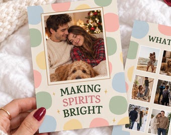 Colorful Christmas Photo Card Holiday Editable Template Printable Family Card with Photo Collage Printable Pastel Polkadots Christmas Card