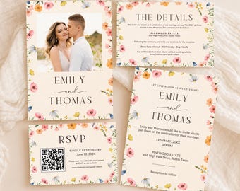Suite de faire-part de mariage fleur, fleurs sauvages, invitation QR Code RSVP, faire-part de mariage imprimable Boho floral carte amour en fleurs floral