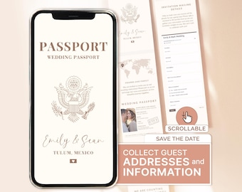 Könnte beinhalten: Ein Smartphone-Bildschirm zeigt eine digitale Hochzeitspass-Einladung für Emily und Sean in Tulum, Mexiko, mit einem Wappen, geschwungenem Text und einem scrollbaren Formular für Adressen und Informationen der Gäste.